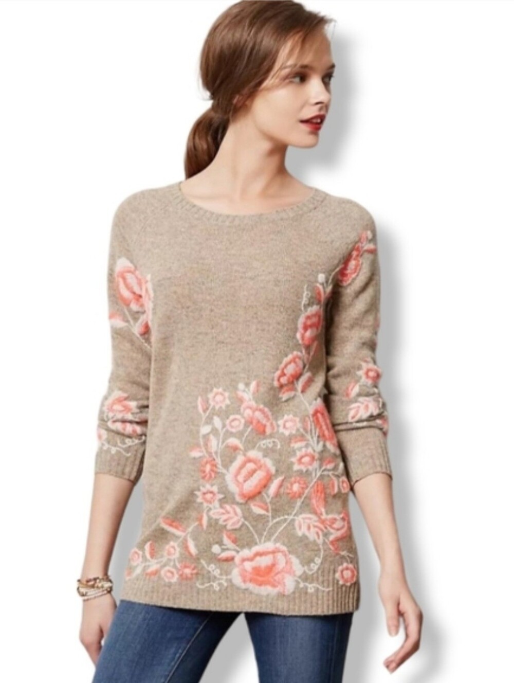 Anthropologie Wool Blend Embroidered Ranunculus Tunic Sweater Sz MP Floral Fall